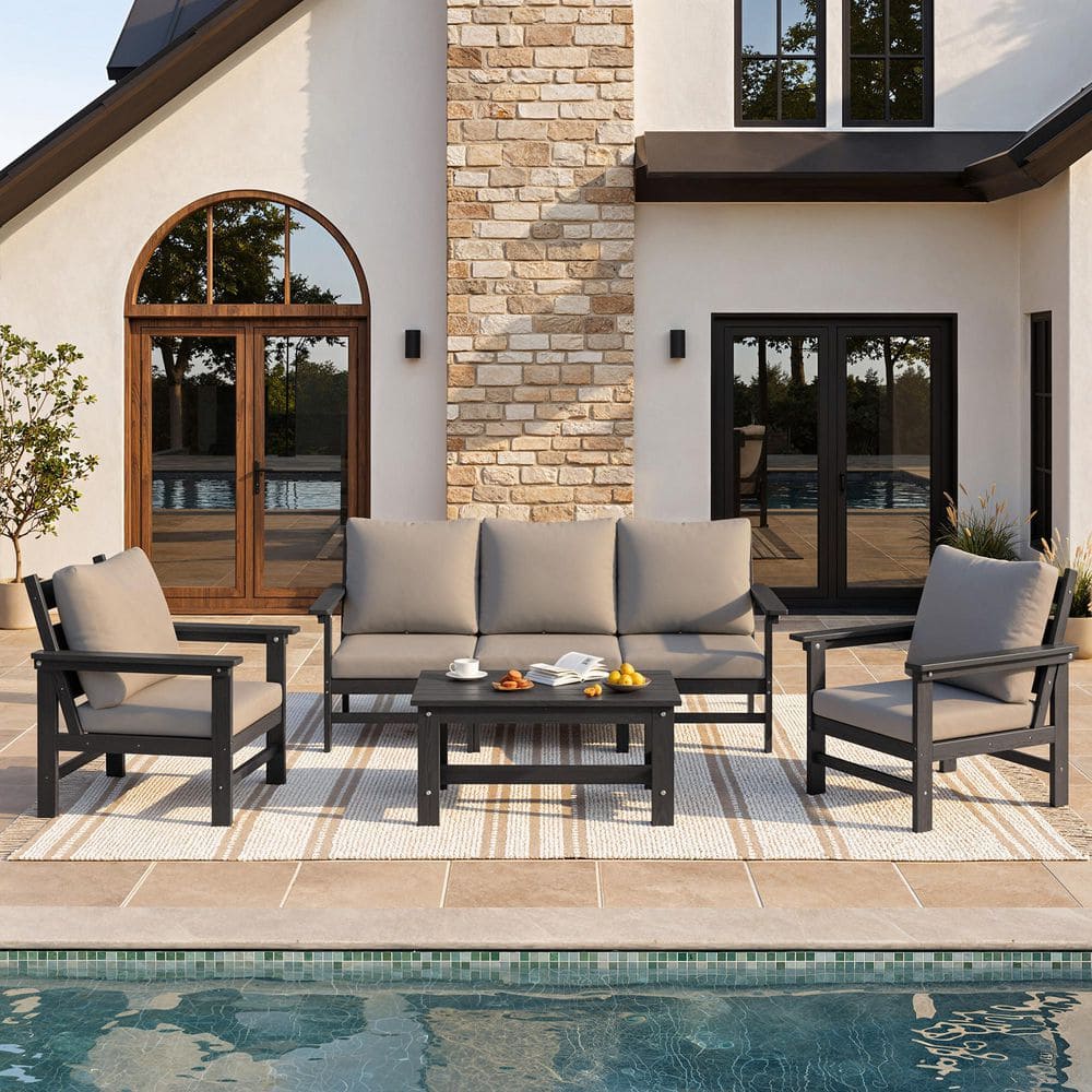 Black 4-Piece Outdoor Patio Conversation Set All-Weather Patio Sofa with Coffee Table & Water-Resistant Gray Cushions price history on PriceWatchPro