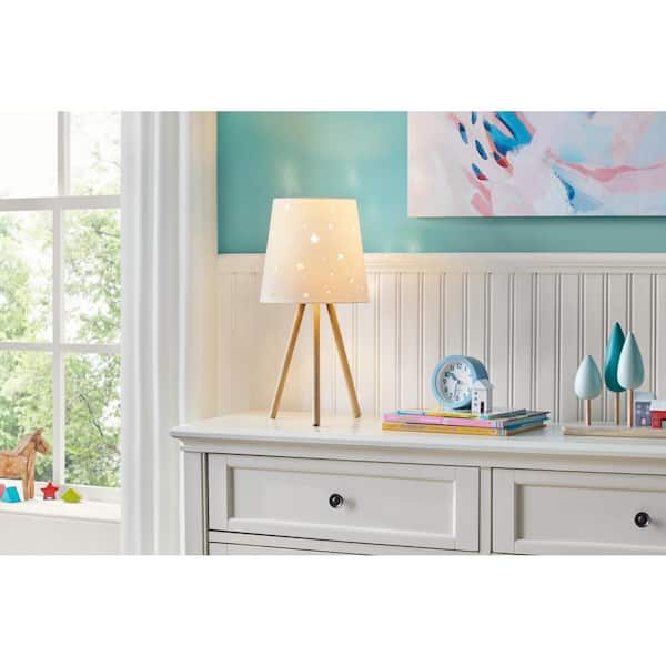 Hampton Bay 16 in. Natural Wooden Modern 1-Light Tripod Table Lamp with Star Cut Out White Fabric Shade
