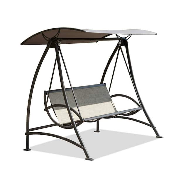 Zeus & Ruta 3-Person Dark Brown Metal Outdoor Porch Swing with Adjustable Canopy, Patio Swing Glider for Garden, Deck, Porch, Yard