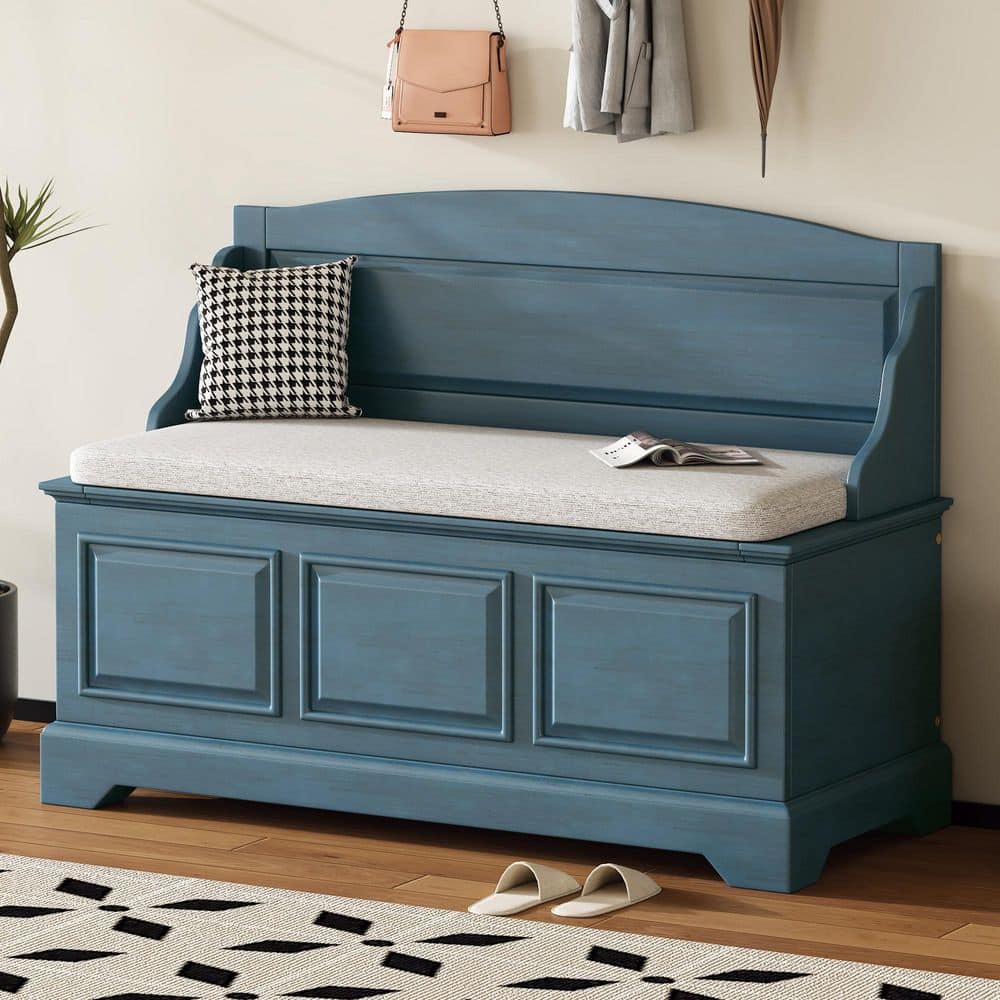 Montrae Antique Navy 41.7 in. Entryway Storage Shoe Bench Bedroom Bench with Back and Cushion
