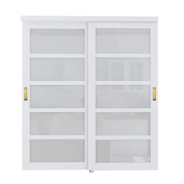 ARK DESIGN 72 in. x 80 in. 5-Lite Frosted Glass Primed White MDF Closet Sliding Door No Grooving Golden Handles and Hardware