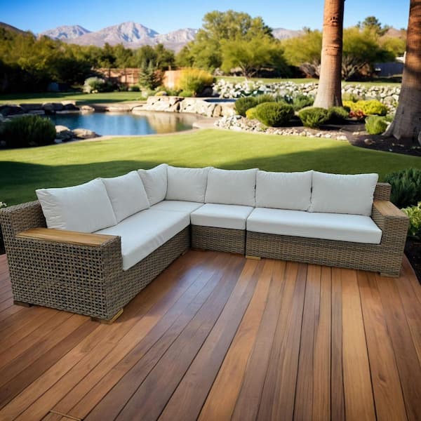 Naples 4-Piece Brown Wicker Aluminum Outdoor Sectional with Cast Natural Cushions