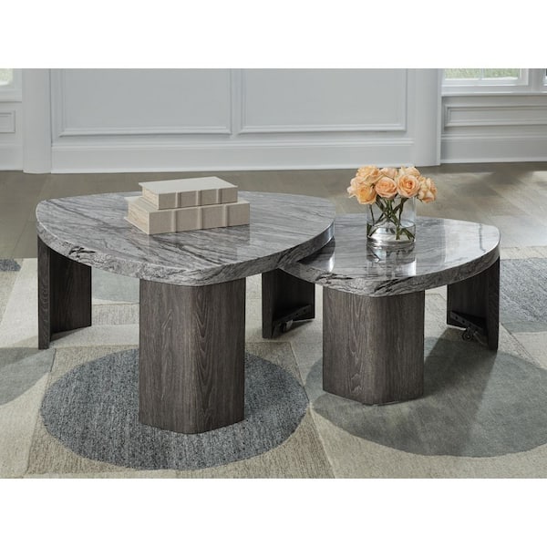 Surmour 39 in. Gray Triangle Faux Marble Coffee Table with Casters