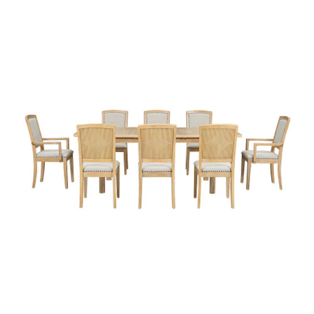 Natural 9-Piece Wood 84 in. Table 6 Upholstered Armless Chairs 2 Padded Arm