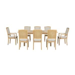 Natural 9-Piece Wood 84 in. Table 6 Upholstered Armless Chairs 2 Padded Arm Chairs Outdoor Dining Set with Gray Cushion