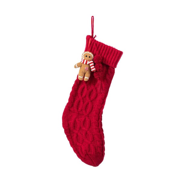 22 in. Red Knitted Christmas Stocking with Complimentary Gingerbread Man Ornament