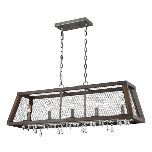 Titan Lighting Reed 38 in. Wide 5-Light Aged Wood Chandelier with Metal Shade
