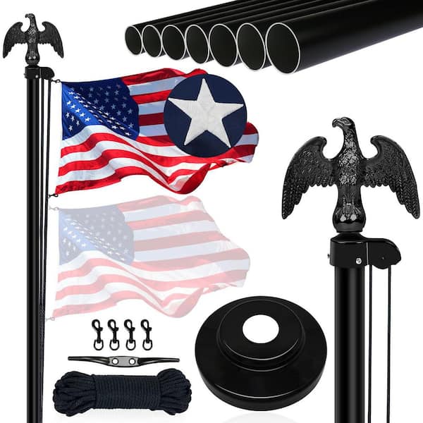 Black 20 ft. Flagpole in Ground with US Flag, 14 Gauge Aluminum Flagpole Kit with Eagle Topper and Flagpole Collar Base
