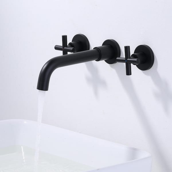 Brass 8" Double Handle Wall Mounted Bathroom Faucet with Brass Rough-in Valve, 2-Aerators and Flange in Matte Black