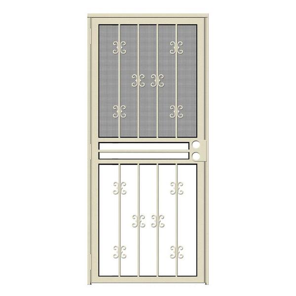 Unique Home Designs 34 in. x 80 in. Moorish Lace Almond Recessed Mount All Season Security Door with Insect Screen and Glass Inserts
