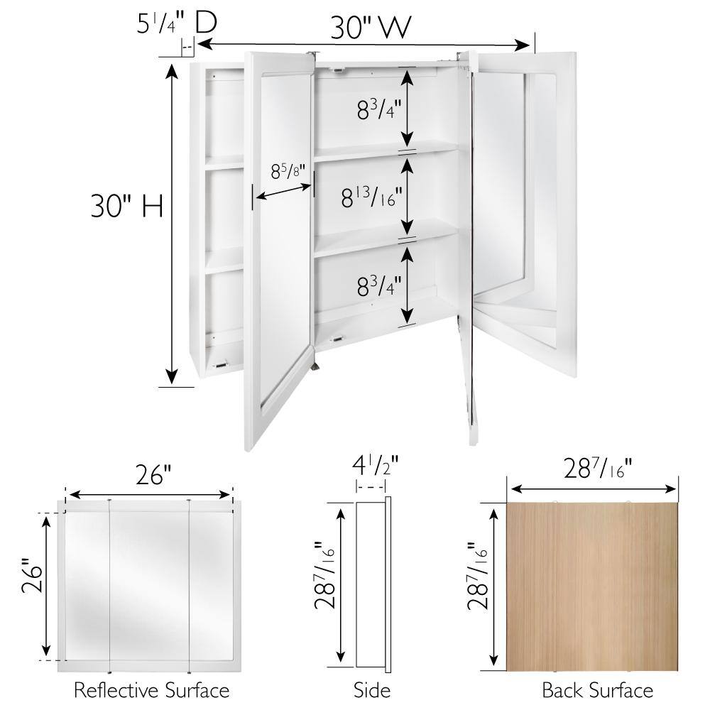 White Wood 30-Inch Bathroom Medicine Cabinet with Mirrored Doors