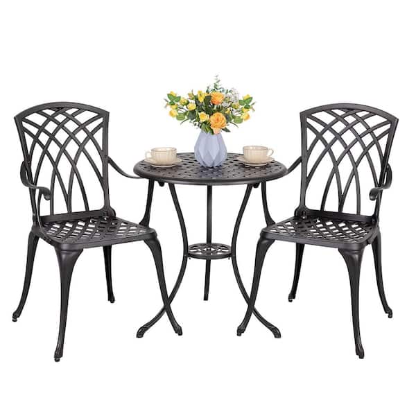 3-Piece Cast Aluminum Outdoor Bistro Set Patio Furniture Table Set in Black
