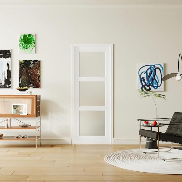 32 in. x 80 in. MDF, Painted, White, 3-Lite, Frosted Glass, Pantry Door Panels, Single Interior Door Slab Without Hinges