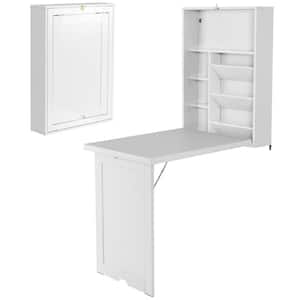 23.5 in. Folding White Wall-Mounted Convertible Computer Desk Floating Desk Storage Bookcases Adjustable Shelves