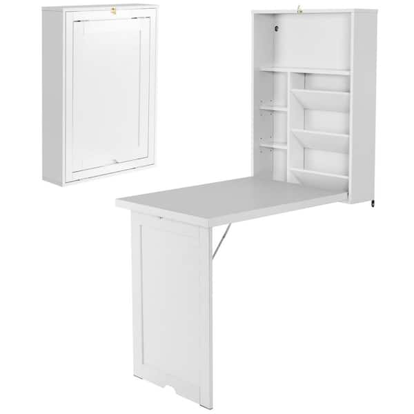 HONEY JOY 23.5 in. Folding White Wall-Mounted Convertible Computer Desk Floating Desk Storage Bookcases Adjustable Shelves