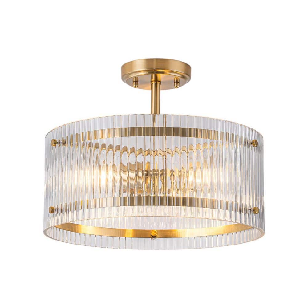 15 in. 3-Light Drum Brushed Brass Semi-Flush Mount with Ribbed Glass Shade for Kitchen price history on PriceWatchPro