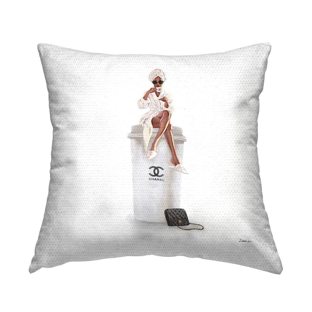 Woman Sitting Upscale Brand Fashion Coffee Cup Brown Square Outdoor Throw Pillow price history on PriceWatchPro
