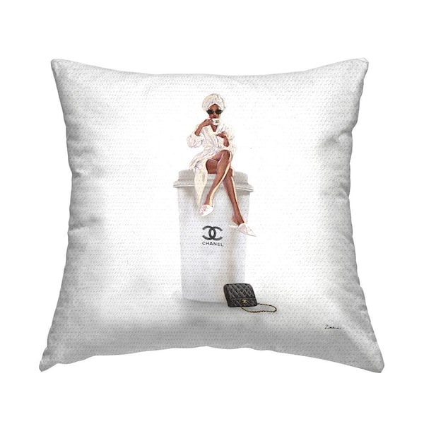 Stupell Industries Woman Sitting Upscale Brand Fashion Coffee Cup Brown Square Outdoor Throw Pillow