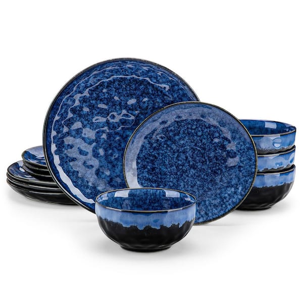 12-Piece Blue Stoneware Dinnerware Set Service for 4 Bowls and Plates Set Dinner Plates Dessert Plates and Cereal Bowls