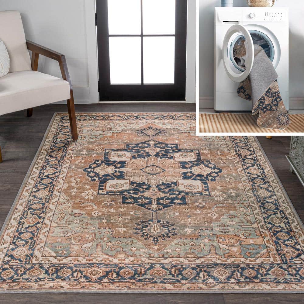 Maris Ornate Medallion Machine-Washable Beige and Blue Chenille Area Rug
