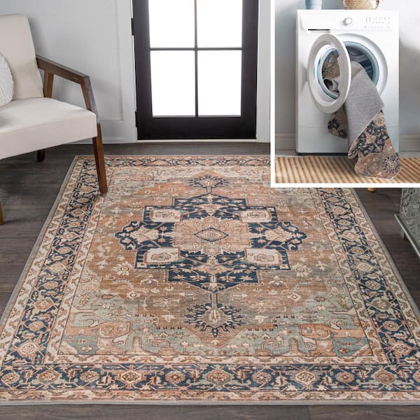 Maris Ornate Medallion Machine-Washable Beige/Blue 8 ft. x 10 ft. Area Rug