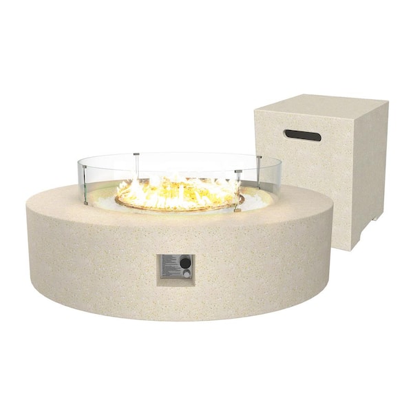 UPHA 42 in. x 13 in. Round Concrete Propane Outdoor Fire Pit with Wind Guard and Fire Table Tank in Beige