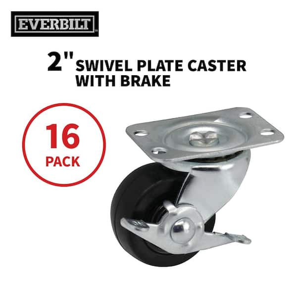 Everbilt 2 in. Black Soft Rubber and Steel Swivel Plate Casters with Locking Brake and 90 lbs. Load Rating 16 Pack