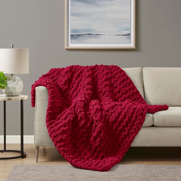 Chenille Chunky Knit Red Polyester Throw Blanket