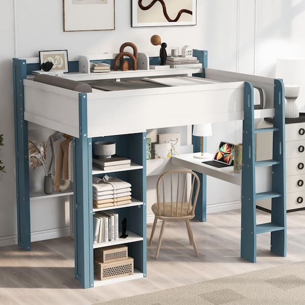 Winona White+Blue Full Size Loft Bed with Built-in Storage Shelves, Clothes Rails, Desk