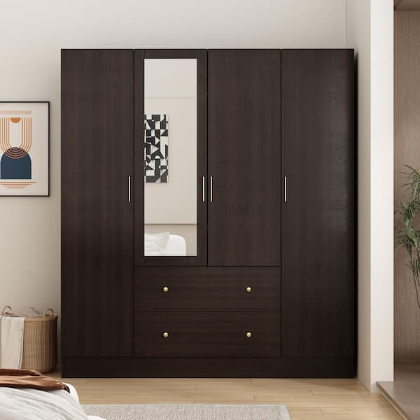 Brown Wood Grain 63 in. W 4-Door Big Armoires With Mirror, 2 Hanging Rods, 2 Drawers, Storage Shelves (70.9 in. H)