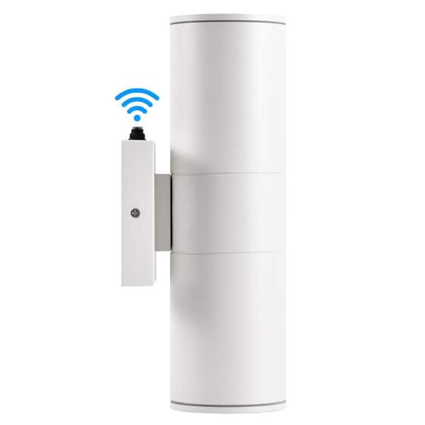 HKMGT 12 in. 2-Light White Cylinder Dusk to Dawn Outdoor Hardwired Wall Lantern Sconce with Integrated LED Lights (1-Pack)