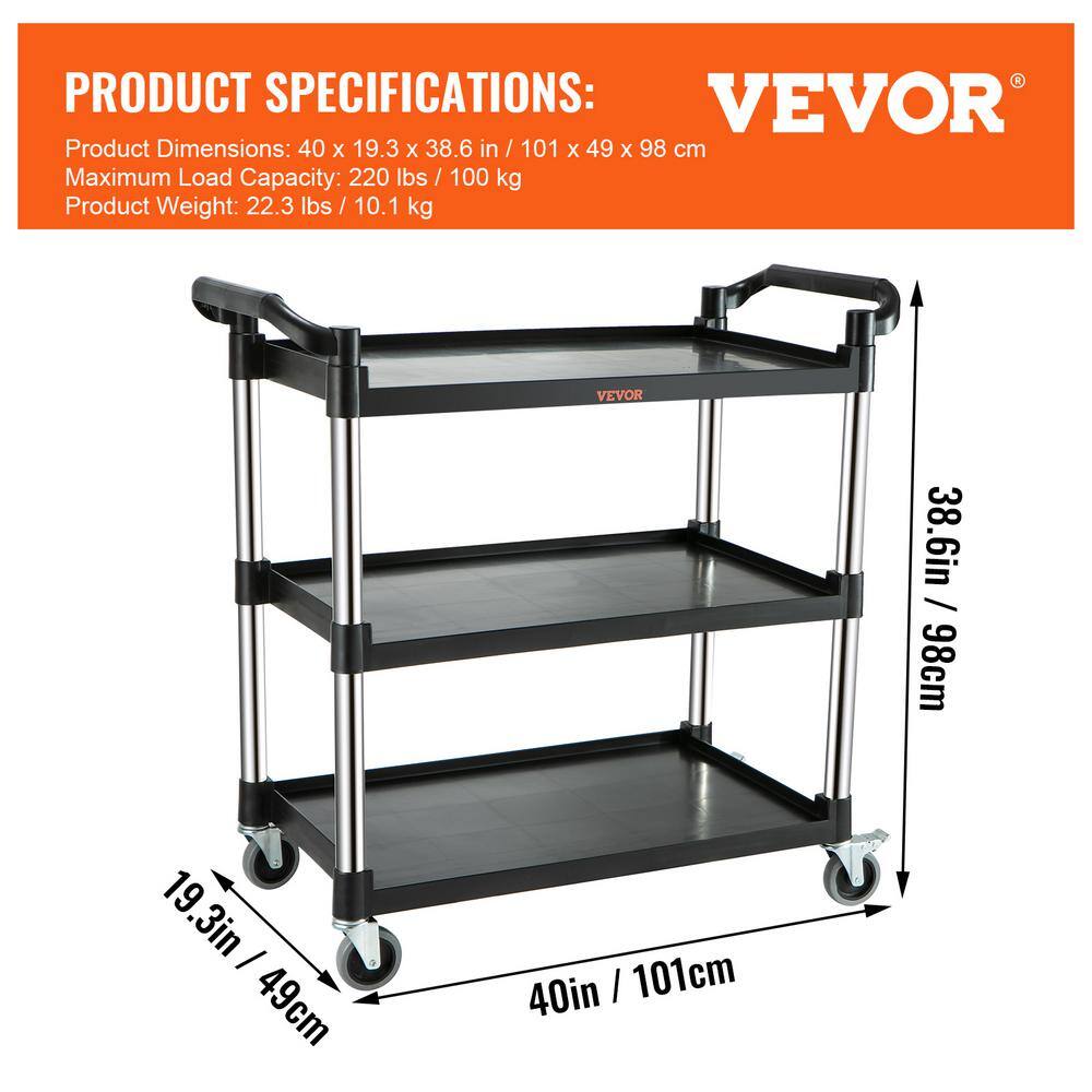 Black 3-Tier Utility Service Cart with Metal Wheels