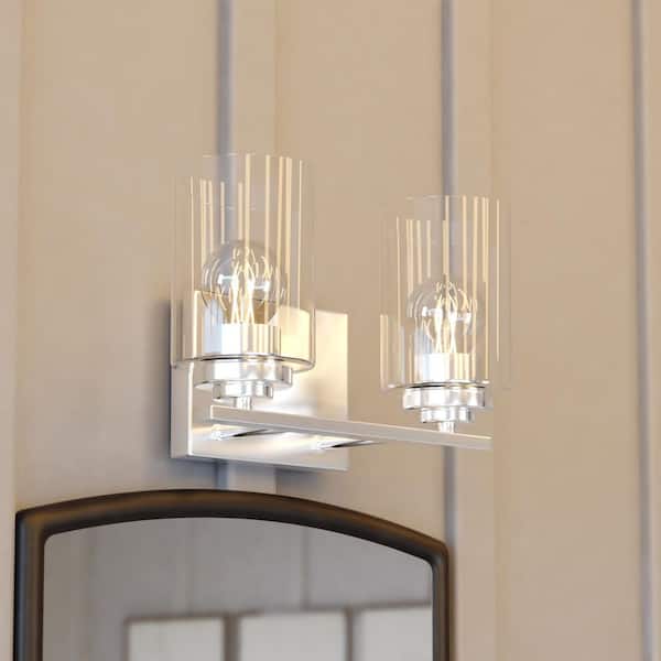 Park Ridge 13 in. 2-Light Satin Nickel Vanity Light with Clear Glass Shade, LED Compatible Bathroom Wall Sconce