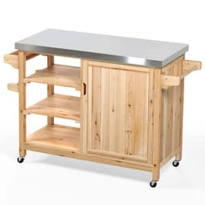 Solid Wood Outdoor Barbeque Cart Serving Bar with Wheels