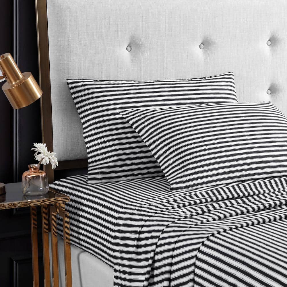 Twin White and Black Striped Cotton Percale Sheet Set