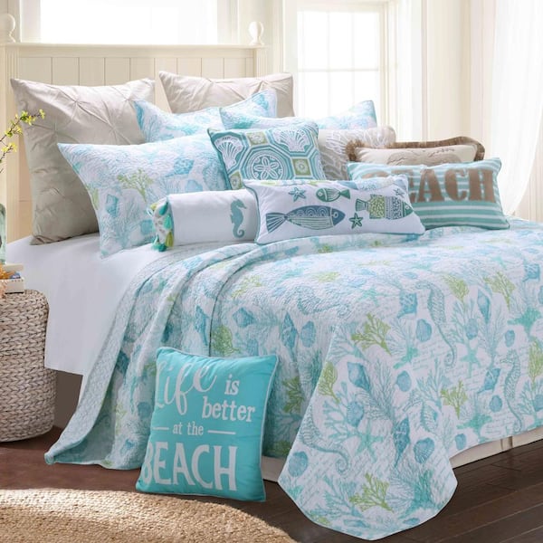 LEVTEX HOME Ocean Springs 3-Piece White, Blue and Green Cotton Full/Queen Quilt Set