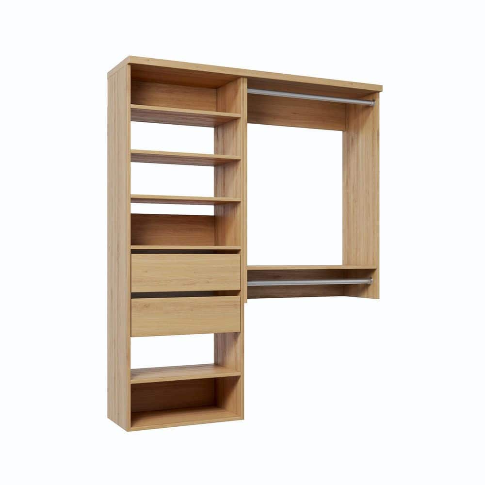 63 in. W Natural Oak Reach-in Wall-Mount 2-Rod 2-Reveal-Drawers 6-Shelf Wood Closet System