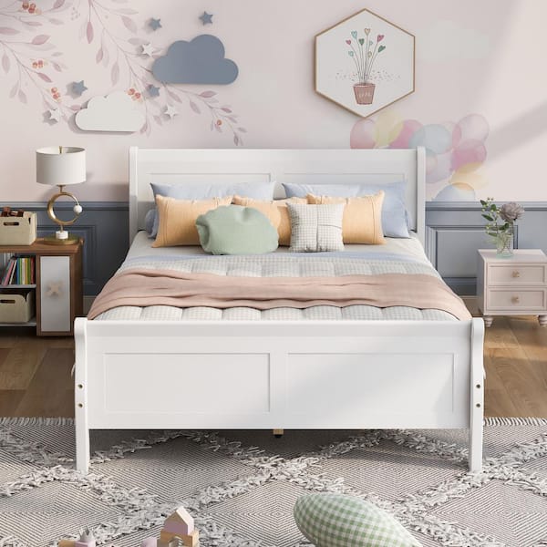 62.50 in. W White Queen Solid Wood Sleigh Bed with Headboard and Wood Slat Support