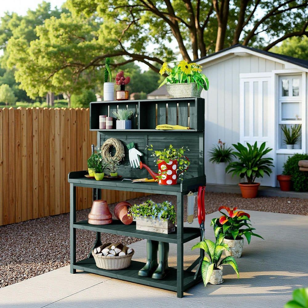 RKZHOPT 46.9 in. W x 65 in. H Dark Green Outdoor Potting Bench