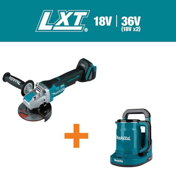 Makita 18V LXT Cordless Brushless 4-1/2 in./5 in. Paddle Switch X-LOCK Angle Grinder w/ bonus 36V (18V X2) LXT Hot Water Kettle