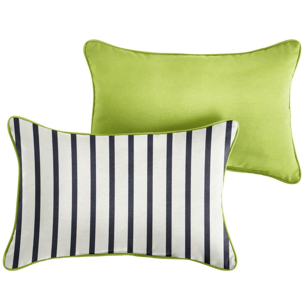 Sunbrella Blue White Stripe with Macaw Green Rectangular Outdoor Lumbar Pil