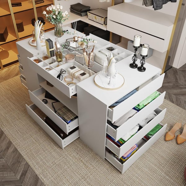 White 14-Drawers 63 in. Width Bedroom Dresser Makeup Island with Glass Top