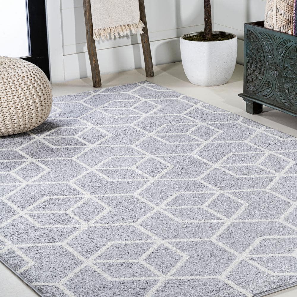 Light Gray and White Geometric 4' x 6' Synthetic Area Rug