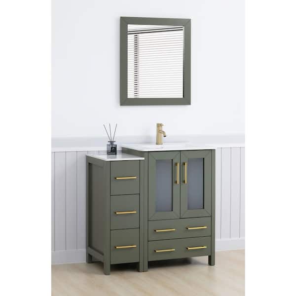 36 in. W x 18.1 in. D x 35.8 in. H Single Basin Vintage Green Bath Vanity with White Ceramic Top and Mirror