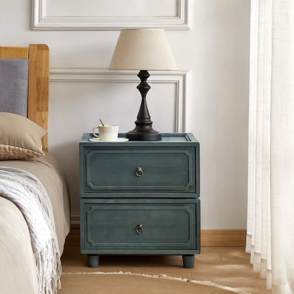 JAYDEN CREATION Geraint Blue Transitional 2-Drawer Nightstand with Paulownia Wood Tracks