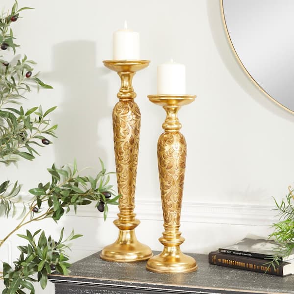 Litton Lane Gold Polystone Pillar Candle Holder (Set of 2)
