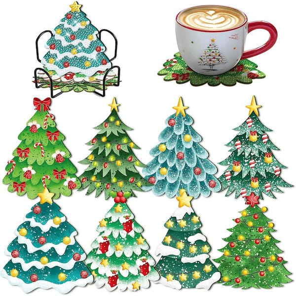 8-Piece Green Series Christmas DIY Coasters Kit with Holder, Tree and Diamond Art Crafts for Beginners, Adults and Kids