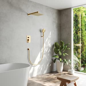3-Spray Patterns 2.5 GPM Wall Mount 10 in. Shower Head with Hand Shower Faucet in Brushed Gold(Valve Included)