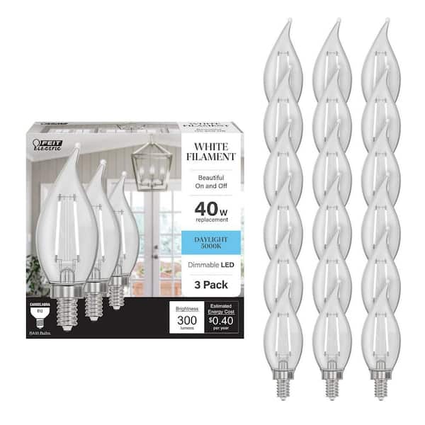 40-Watt Equivalent BA10 E12 Candelabra Dim White Filament Clear Bent Tip Candle LED Light Bulb Daylight 5000K (18-Pack)