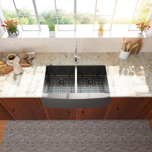 36 in.Gunmetal Black Farmhouse/Apron-Front Double Bowl 50/50 16-Gauge Stainless Steel Kitchen Sink with Bottom Grids